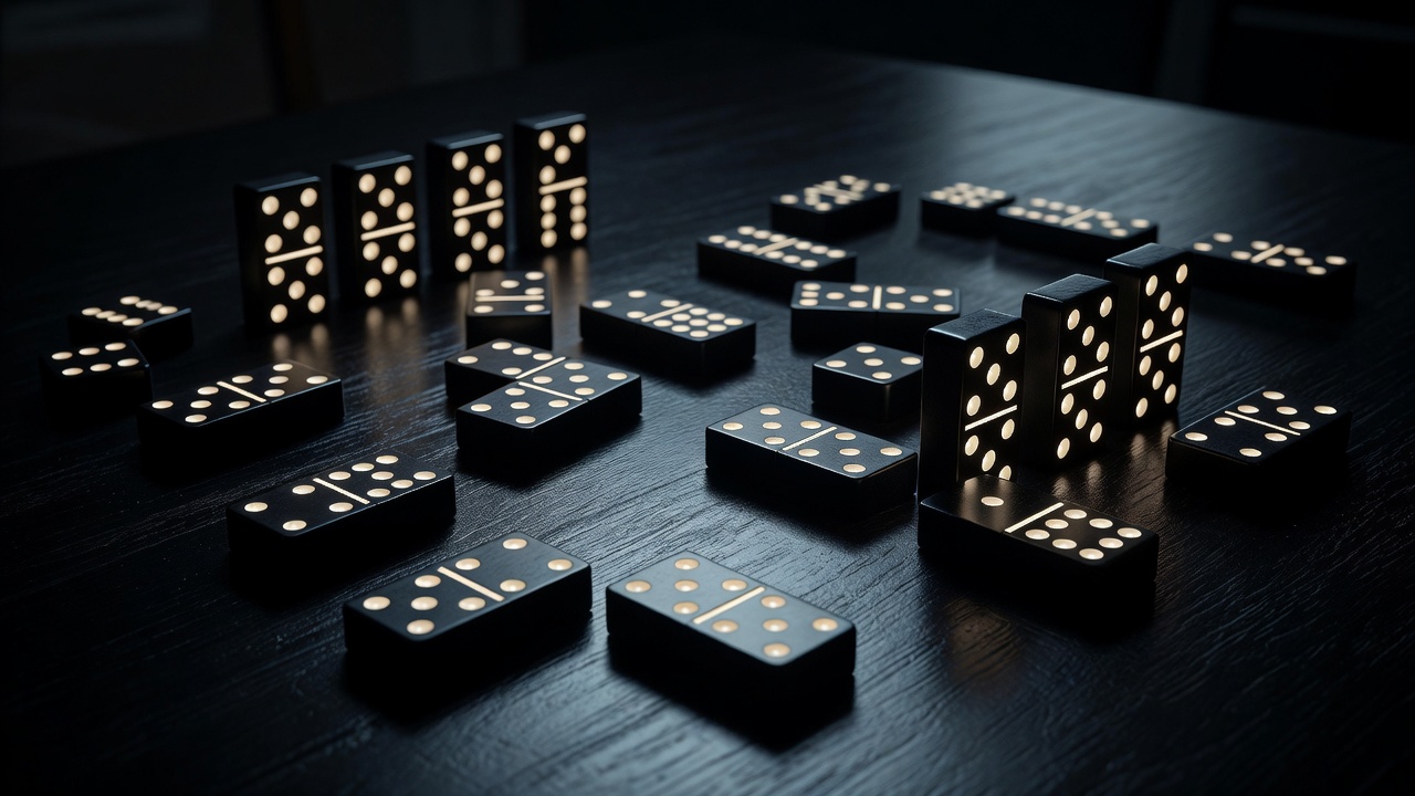Black and white dominoes on a dark table, with their numbered faces illuminated