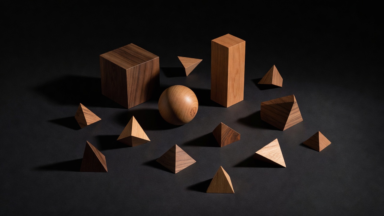 Wooden geometric solids and triangular pieces casting deep shadows on a dark surface