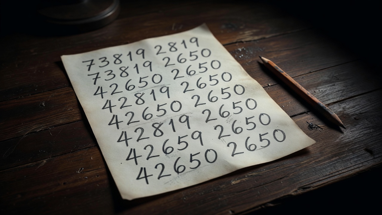 Handwritten number sequences on paper beside a pencil on a shadowed desk